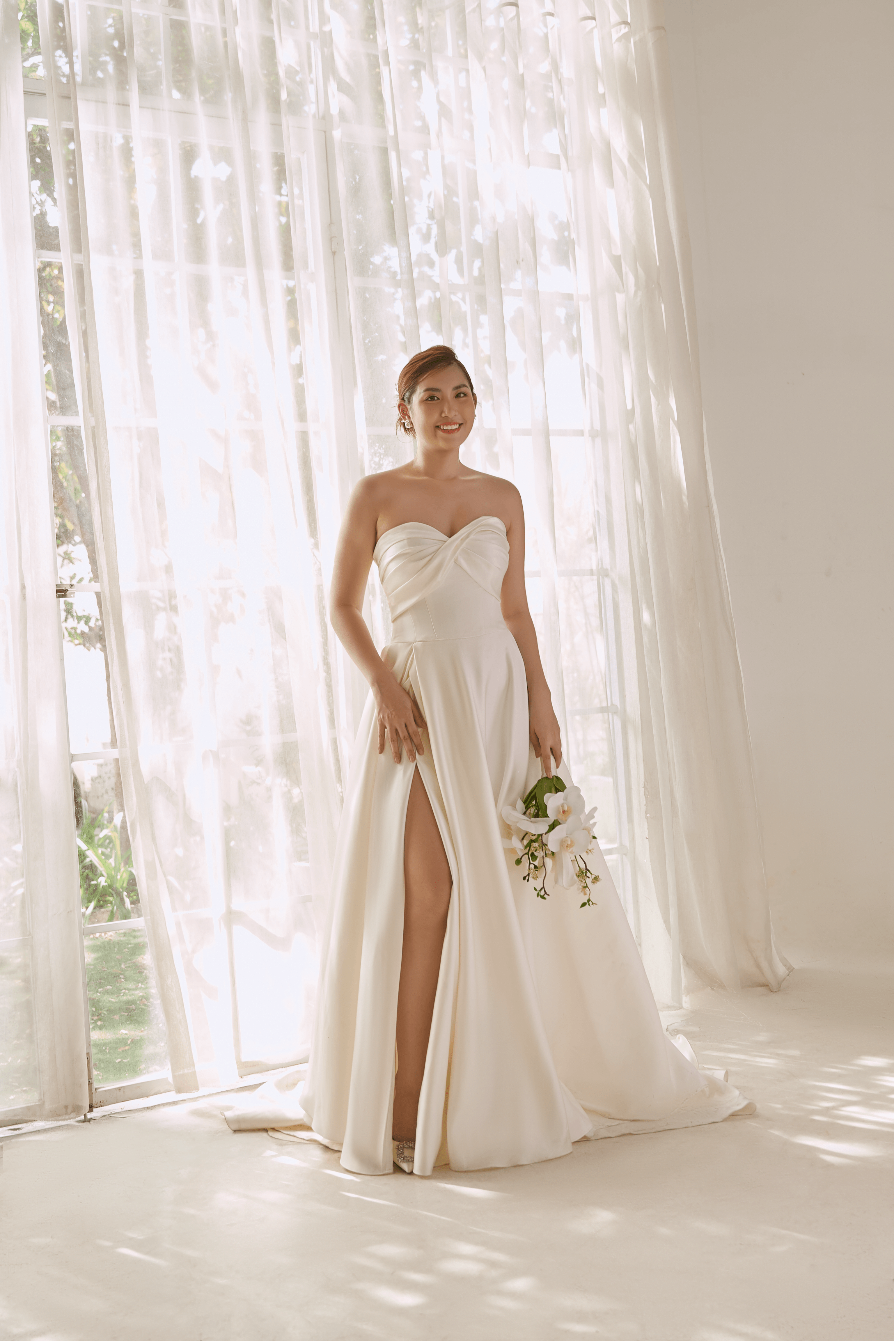 Andrea Strapless Satin Wedding Gown with Front Slit | Rent or Made-to-Order
