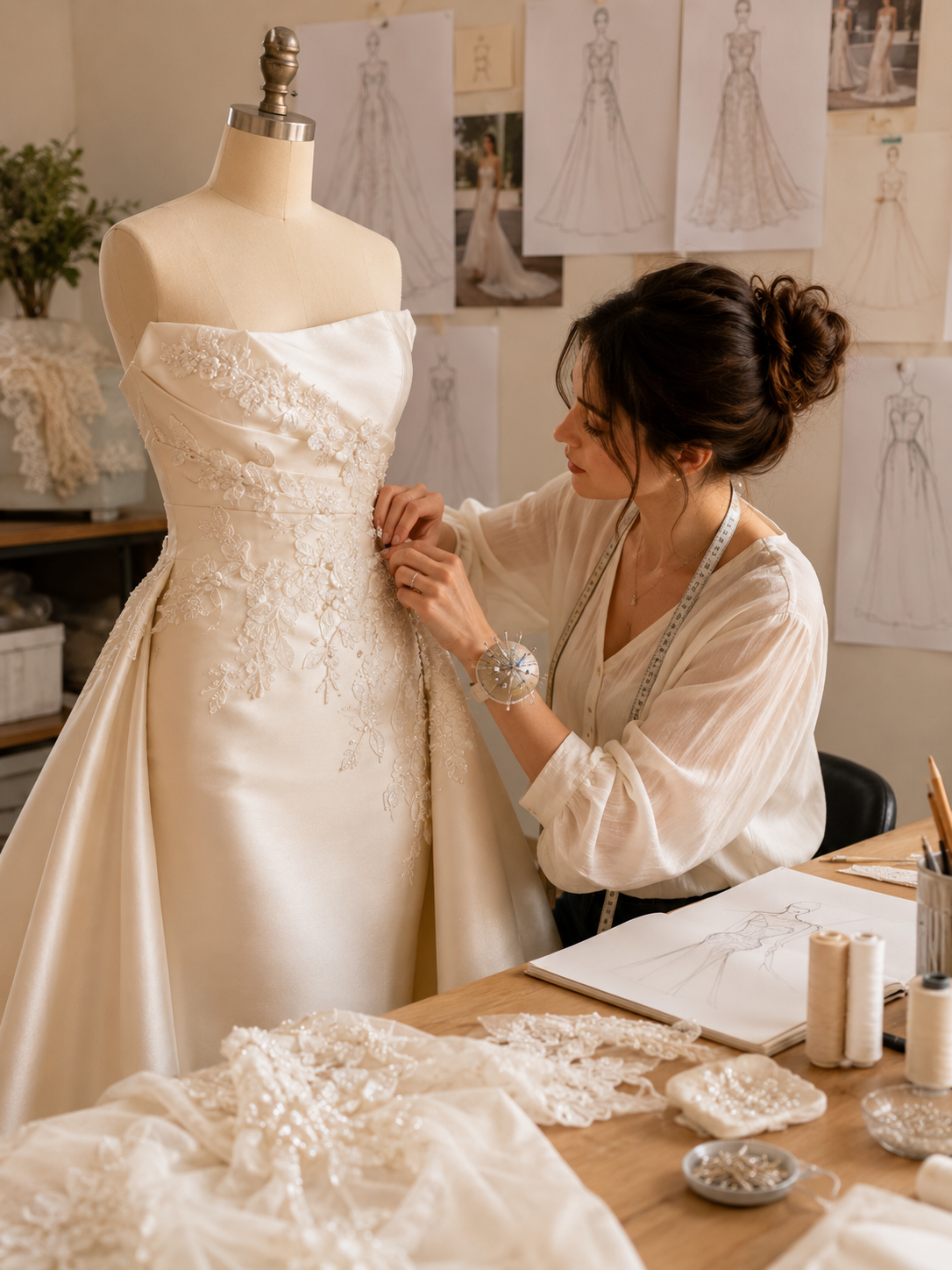 A seamstress working on a wedding dress