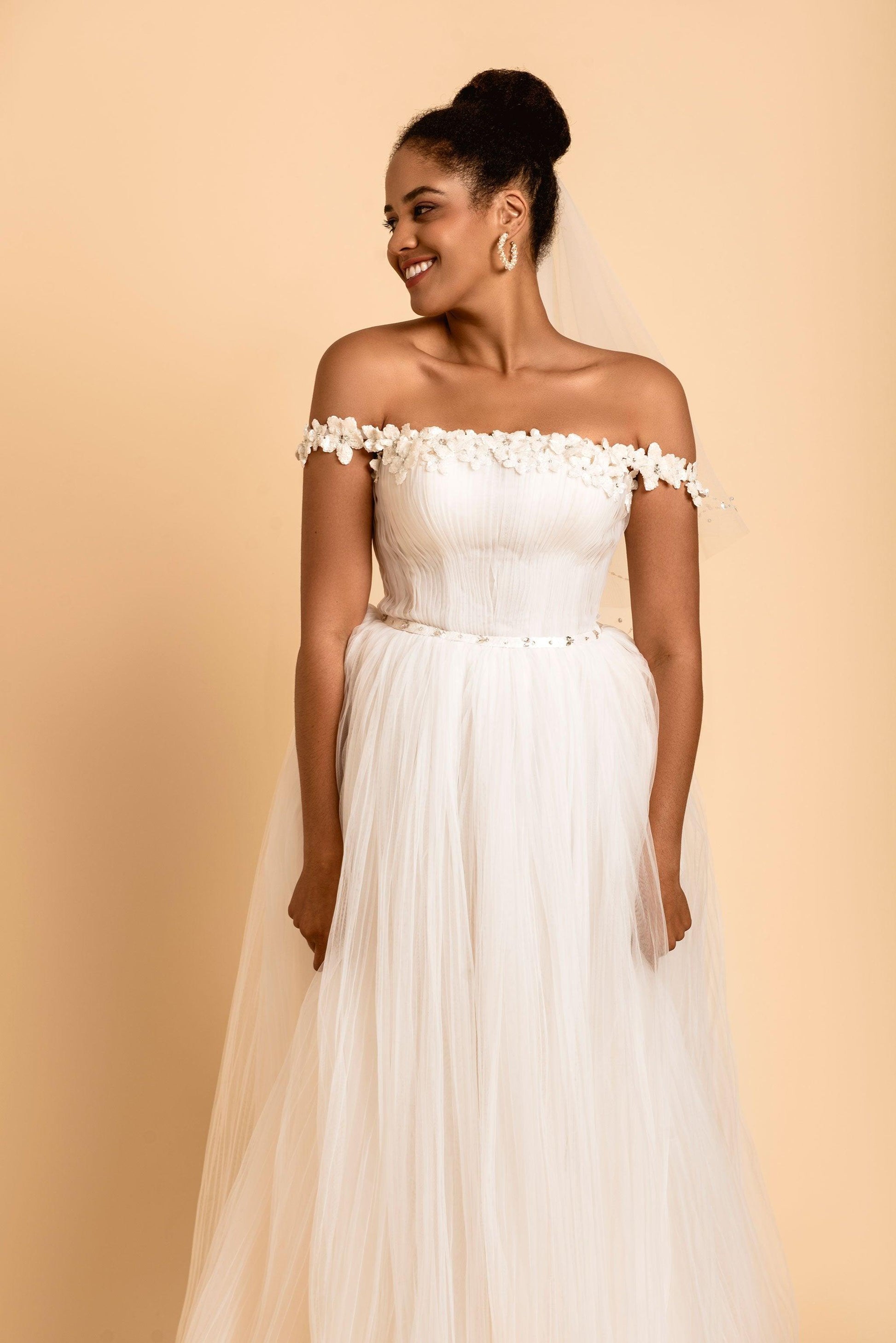 Off Shoulder Wedding Dress | Ada Wedding Dress | Dare and Dazzle