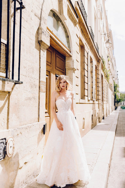 Audrey sweetheart A-line wedding gown in light blush tulle with botanical lace embroidery — Dare & Dazzle