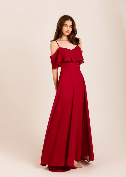 Red Bridesmaid Dress | Cold Shoulder Maxi Dress | Dare and Dazzle