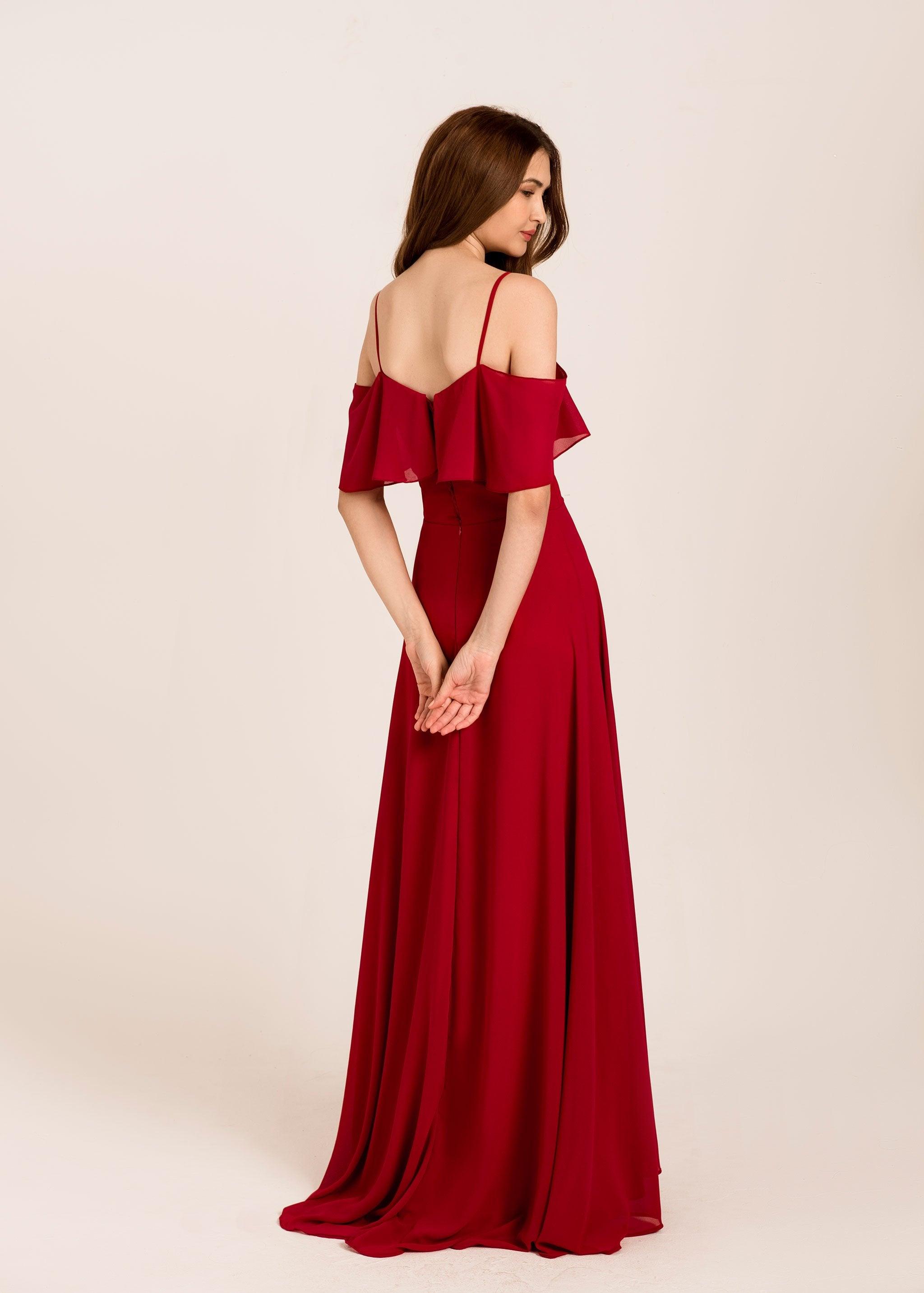 Red Bridesmaid Dress | Cold Shoulder Maxi Dress | Dare and Dazzle