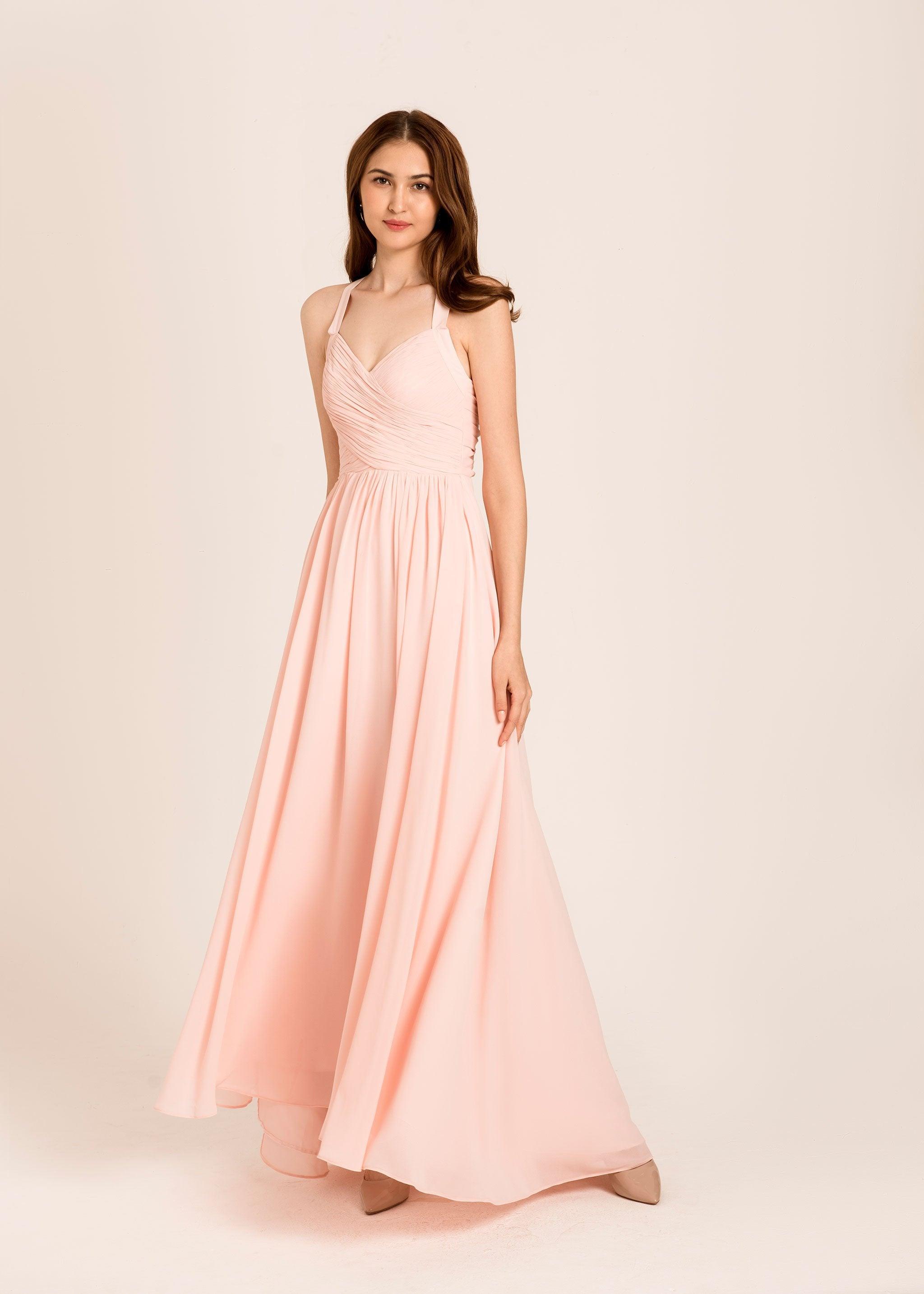V Neck Bridesmaid Dress | Light Pink Gown | Dare and Dazzle