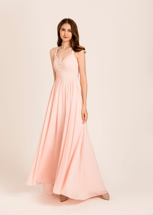 V Neck Bridesmaid Dress | Light Pink Gown | Dare and Dazzle