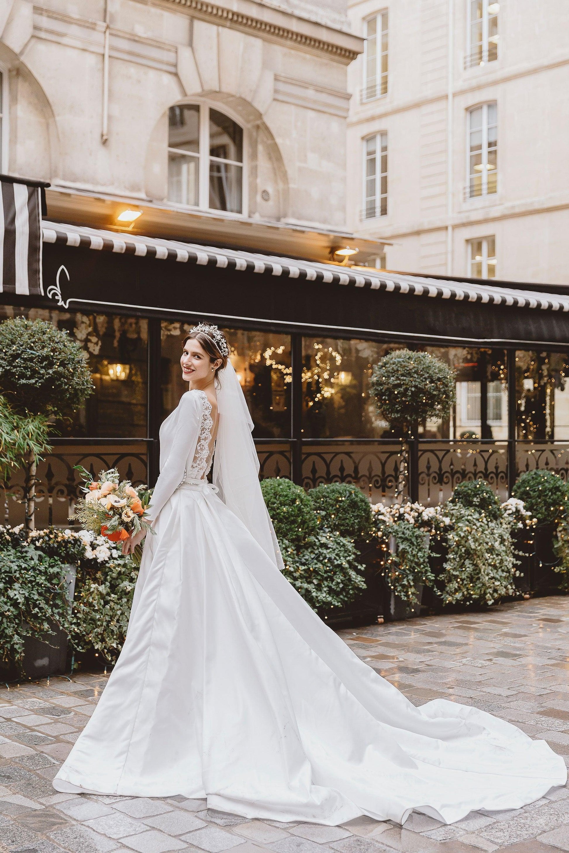 plunge long sleeve wedding dress SELESTE Embroidered Long Sleeve illusion plunge v-neck Lace A-Line Wedding Dress