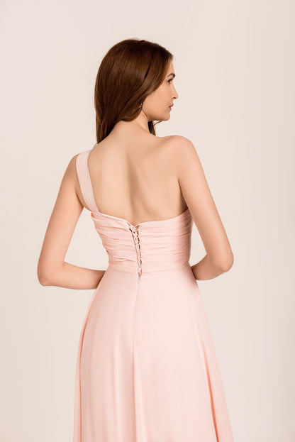 One Shoulder Bridesmaid Dress | Light Pink Dress | Dare and Dazzle