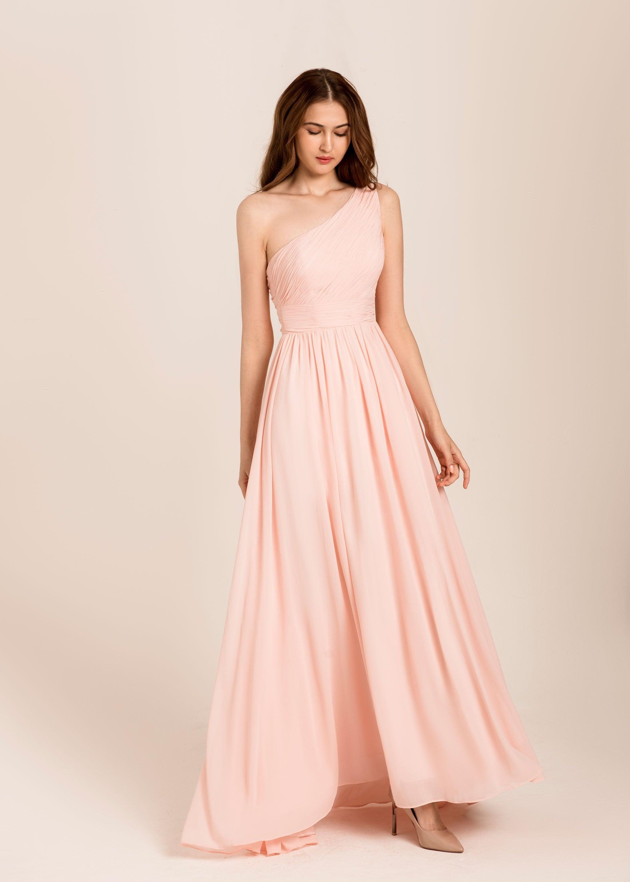 One Shoulder Bridesmaid Dress | Light Pink Dress | Dare and Dazzle