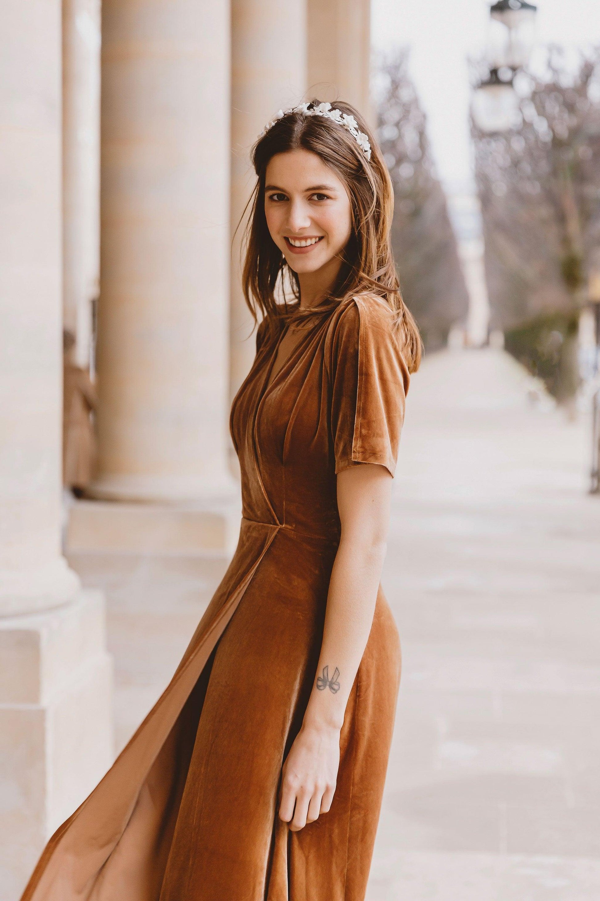 brown velvet bridesmaid dress Brown Velvet Wrap V Neckline Dress