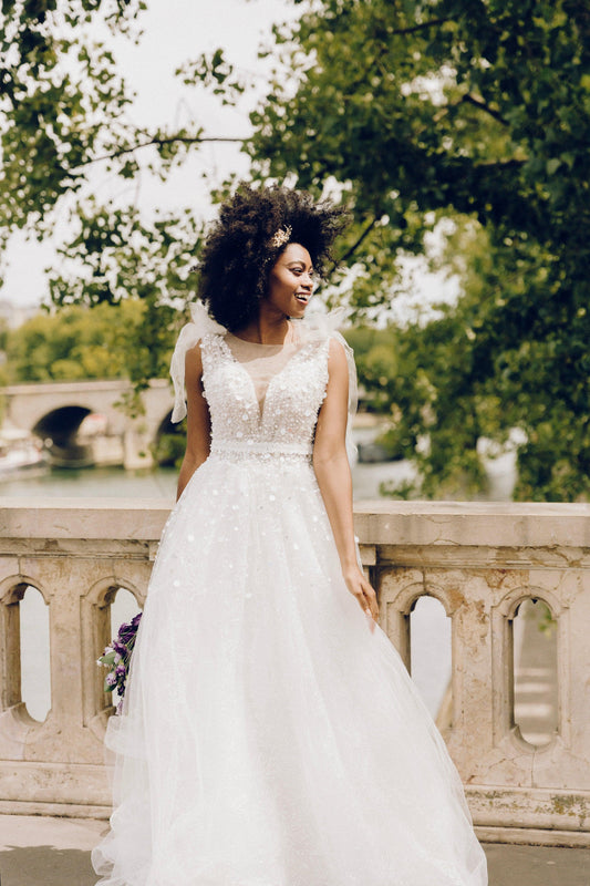 Deep V Back Wedding Dress | A Line Wedding Gown | Dare and Dazzle