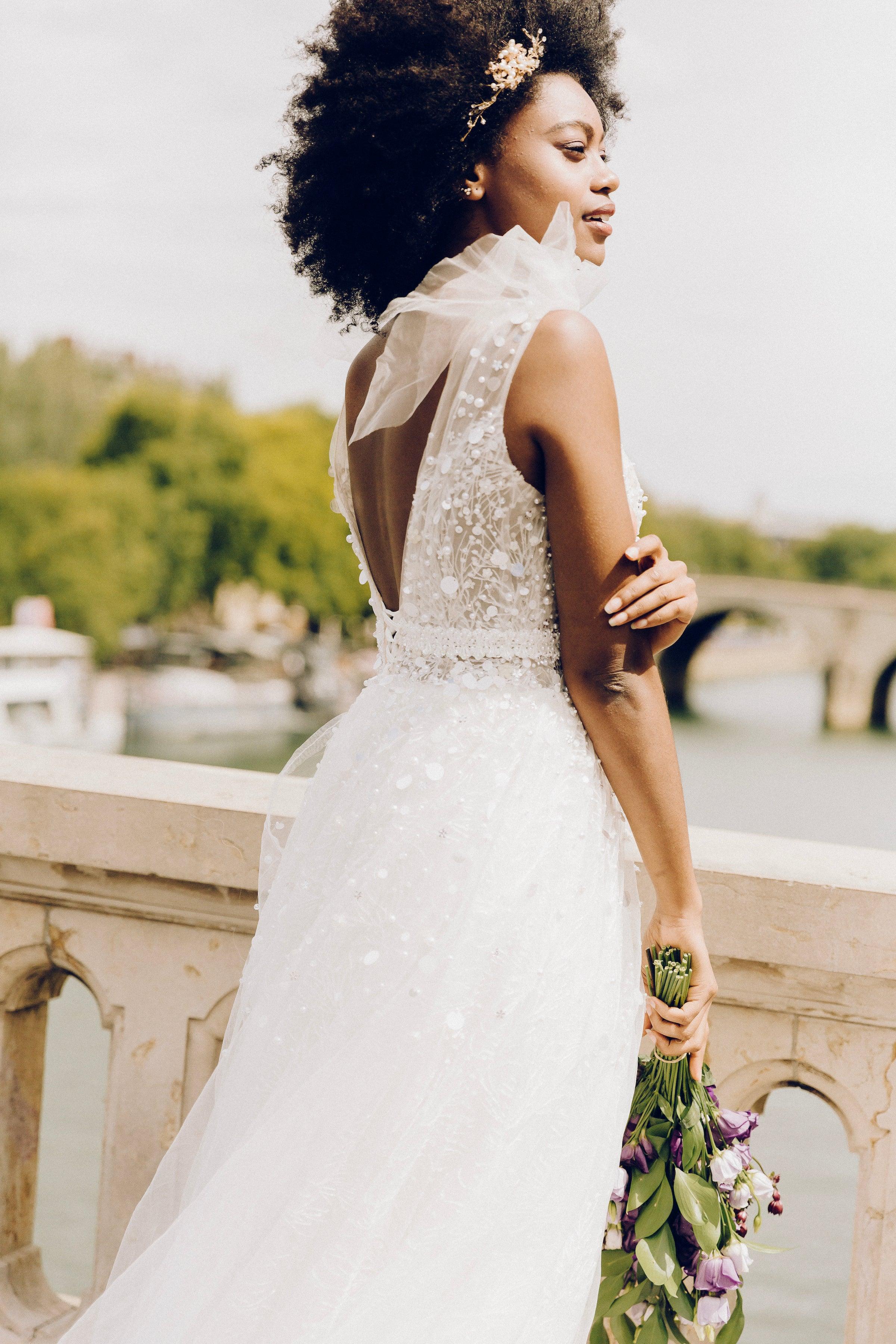 Deep V Back Wedding Dress | A Line Wedding Gown | Dare and Dazzle