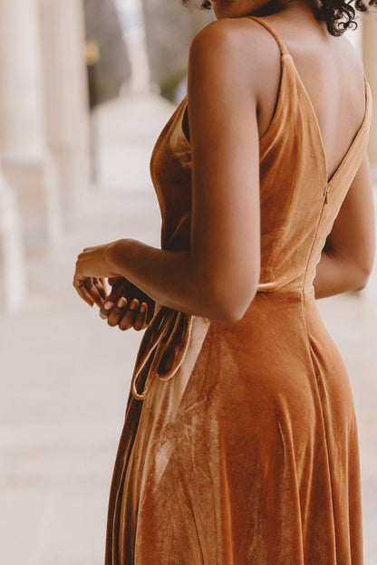 Brown Bridesmaid Dress | v Neck Velvet Dress | Dare and Dazzle