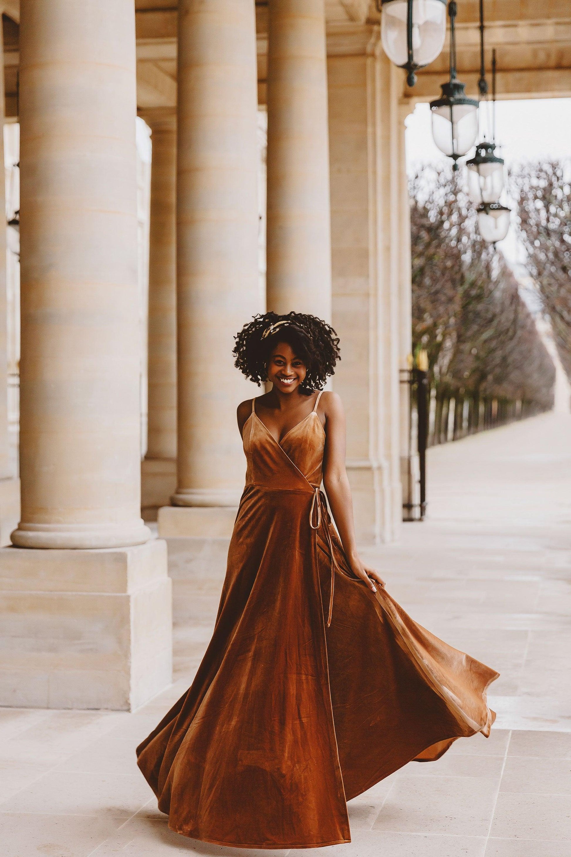 Brown Bridesmaid Dress | v Neck Velvet Dress | Dare and Dazzle